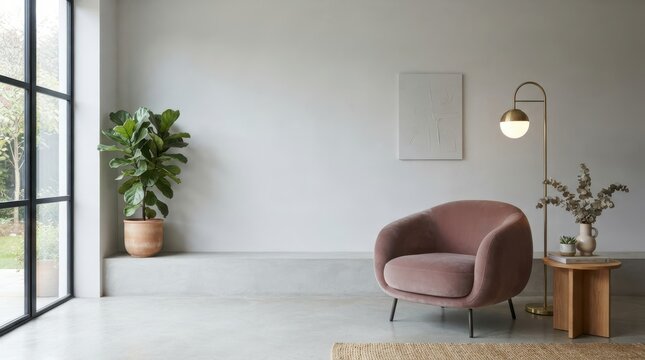 Minimalist living room corner with pink velvet armchair and brass lamp