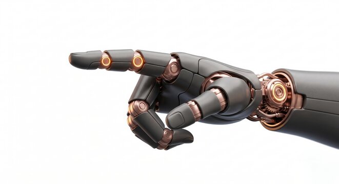 Futuristic robotic hand pointing index finger isolated on white background. Advanced cyborg arm with copper details. Concept of future technology and automation.