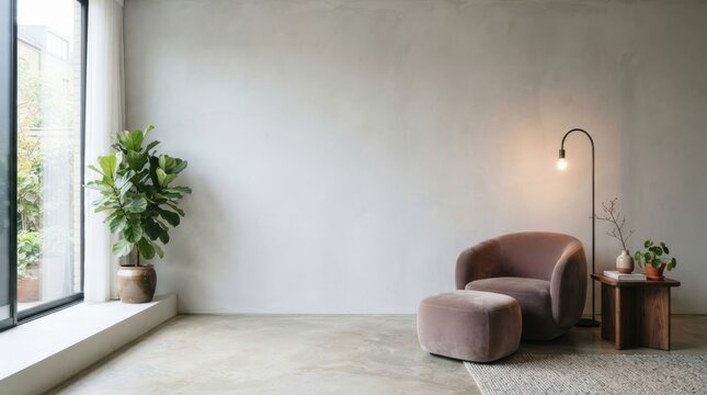 Minimalist living room corner with a mauve armchair and fiddle leaf fig