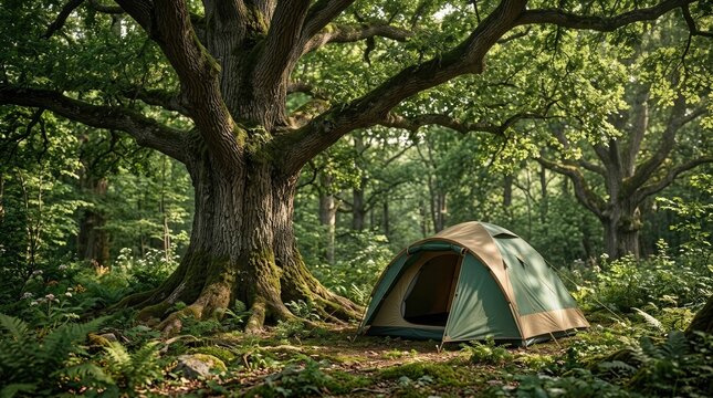 Green camping tent pitched under massive ancient oak tree in forest