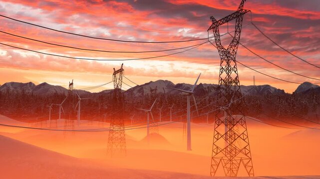 High-voltage power lines standing tall in the desert