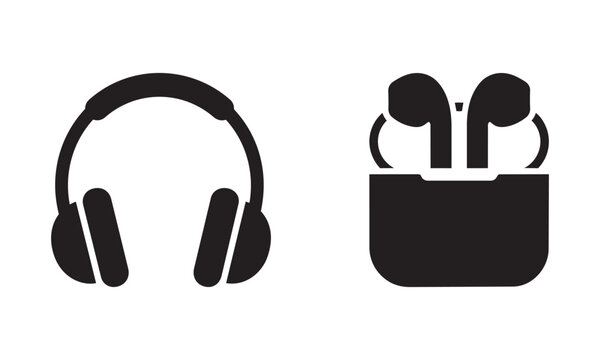 Audio equipment icons featuring large over ear headphones and wireless earbuds stored inside a charging portable case
