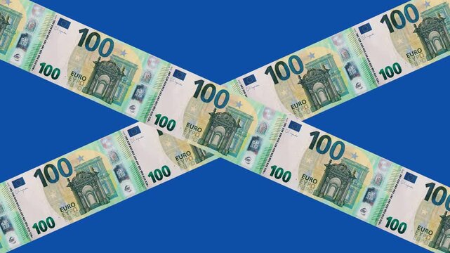 Cross of 100 euro banknotes on a blue background . 4K