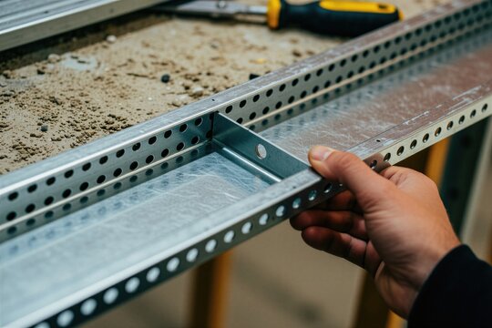 Worker hand holds metal drywall profile for ceiling construction. Steel stud component used in interior building installation during residential renovation project. Builder secures perforated frame