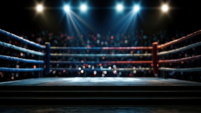 Empty boxing ring under bright spotlights, crowd blurred in background