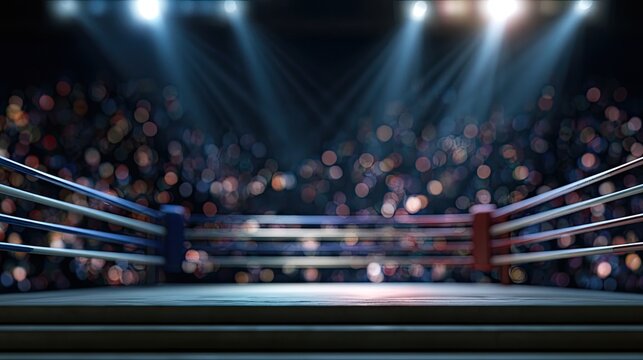 Empty boxing ring with blurred crowd and spotlight illumination
