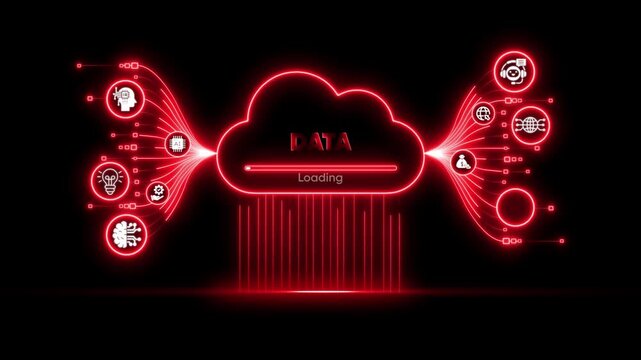 Red neon cloud computing data loading animation with digital network connection