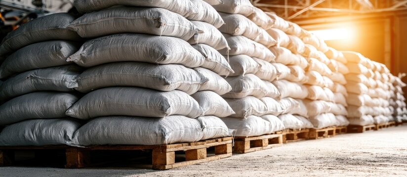Stacked sacks on pallets in a warehouse, illuminated by soft sunlight
