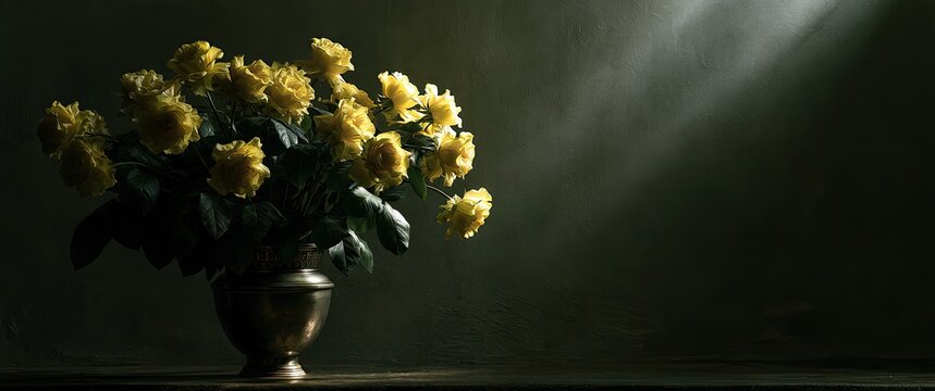 A bouquet of vibrant yellow flowers rests in a metallic vase