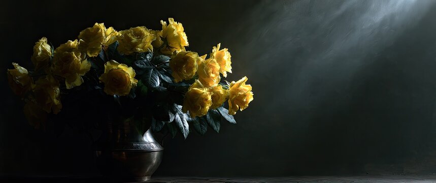 Yellow roses in a metallic vase, illuminated by ethereal light rays