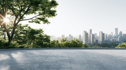 Obraz premium Sunny cityscape viewed from a tranquil elevated balcony overlooking lush trees