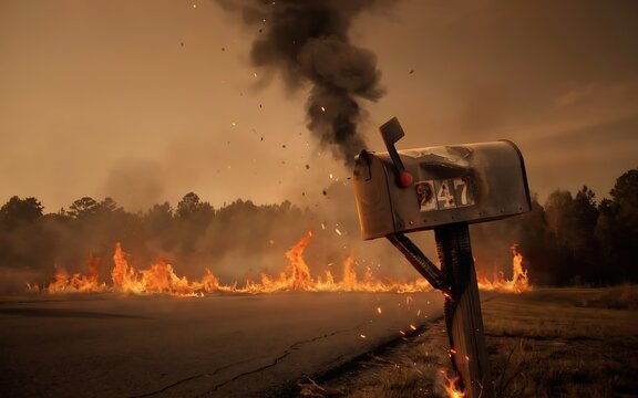  Burning metal mailbox with thick black smoke for cyber security breach phishing scam and communications crisis concept