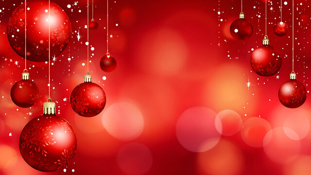 Festive Red Christmas Ornaments with Bokeh Lights Background.