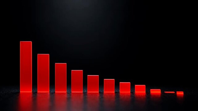 Red glowing bar graph declining on black background representing business and financial data concept