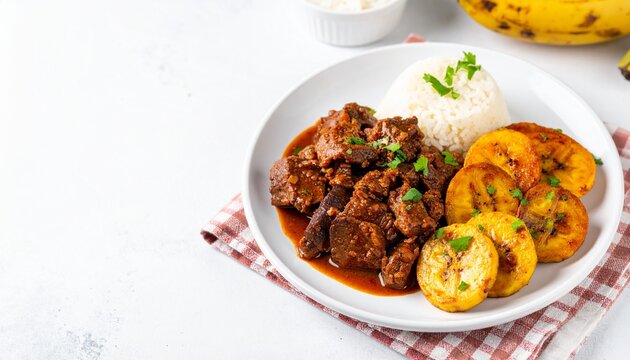 Cuban ropa vieja served with rice and plantains on a spacious white copy space background, vibrant Caribbean cuisine

