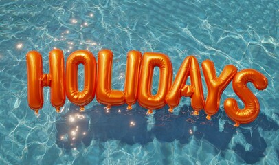 Obraz premium Colorful orange balloons spell the word holidays, floating on blue water. A vibrant and playful image perfect for summer themes. Great for travel, leisure, and vacation content. AI