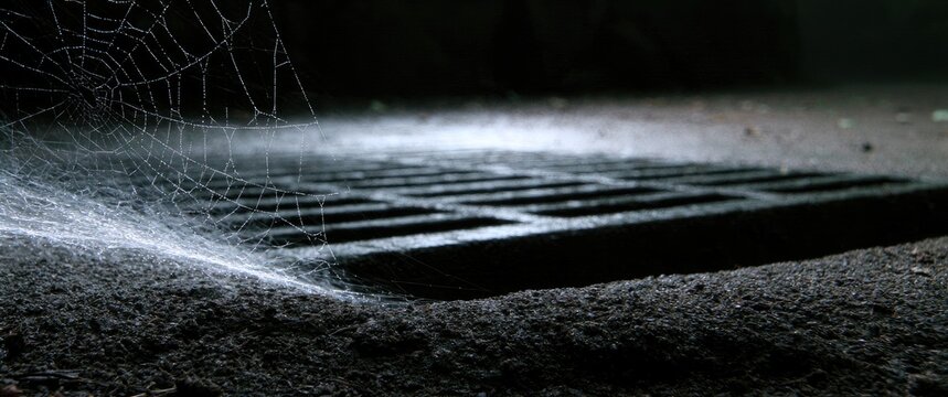 A delicate spiderweb drapes over a shadowed, grated drain, hinting at abandonment