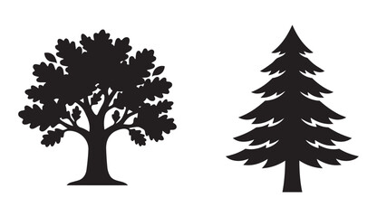 Collection of two silhouettes showing deciduous oak tree and coniferous evergreen pine tree for nature © BULBUL ISLAM