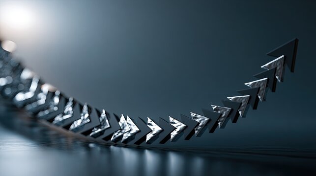 Row of metallic arrows curving upwards and growing in size