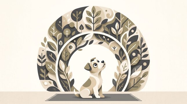 Cute Curious Dog Looking Upward Minimalist Paper Cut Arch Illustration