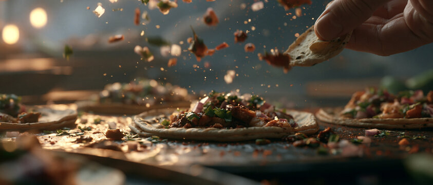 Tortilla chips with salsa being sprinkled a close up food photography with a blurred background corn tomato pico gallo snack