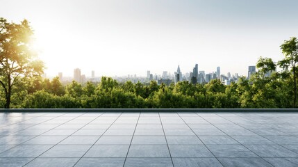Fototapeta premium Sunlit balcony overlooks lush forest and distant, hazy skyscrapers