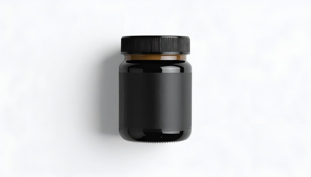 Black supplement jar with blank label mockup dark amber glass bottle container for health and beauty products packaging design