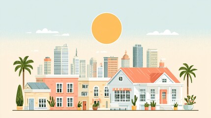 Fototapeta premium Textured flat graphic illustration of a calm suburban street with colorful houses and palm trees against a modern city skyline, a concept for community and real estate.