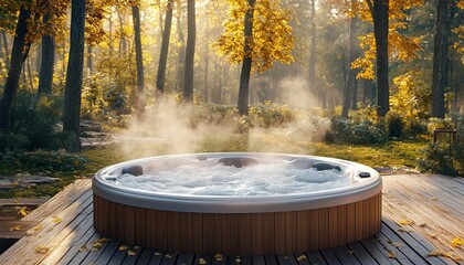 Fototapeta premium Stunning Circular Wooden Jacuzzi on an Autumn Terrace Surrounded by a Golden Foliage Forest Setting