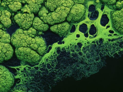 Abstract fractal patterns of vibrant green algae bloom against dark water