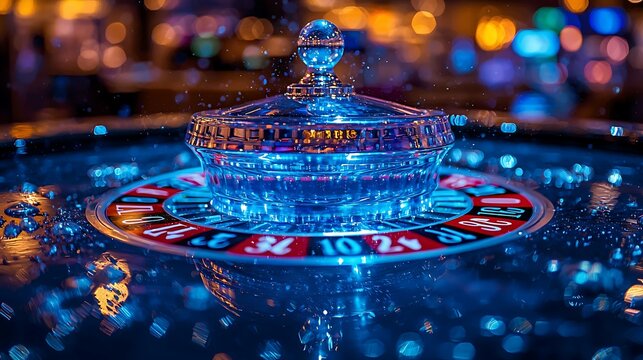 Casino roulette table with crystal bowl in motion, water splash, vibrant nightlife background