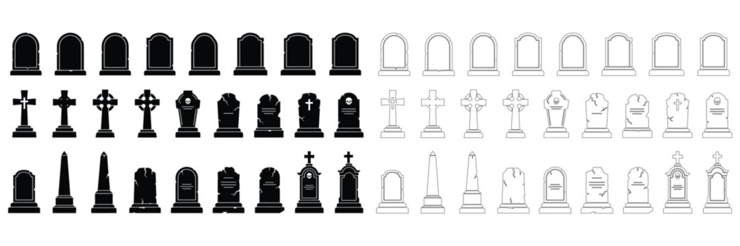 Set of tombstone icons, grave markers for halloween