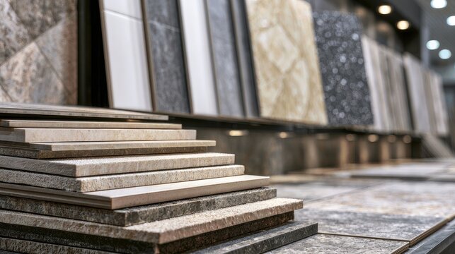 Stacked samples of assorted stone and marble tiles in a showroom