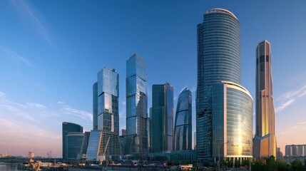 Naklejka premium A panoramic view of the Moscow International Business Center (Moscow City) with modern skyscrapers and a clear blue sky in the background.