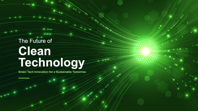 Abstract clean technology background with glowing digital energy sphere, green innovation, renewable energy, sustainability, smart grid, eco technology, environmental protection and future business.