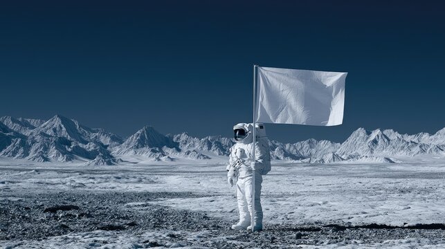 Astronaut stands on alien terrain, holding a white flag against a vast, barren landscape