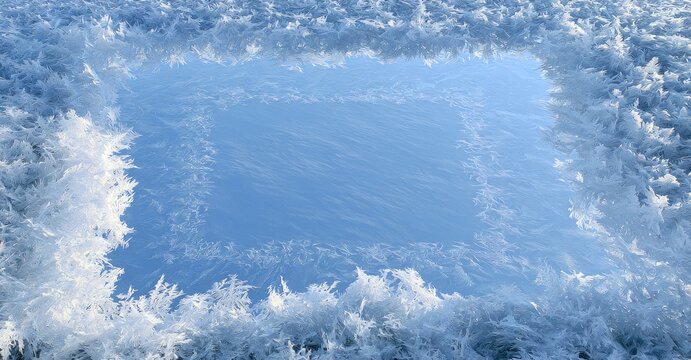 A square ice frame with intricate frost patterns surrounds a clear, reflective icy surface