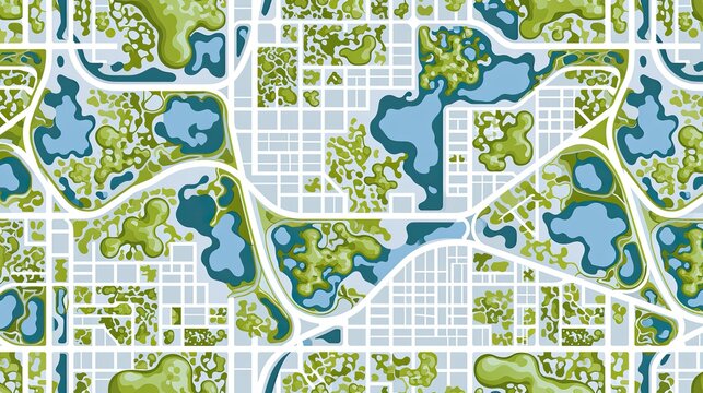 Abstract aerial view of a vibrant city district with green spaces and water bodies