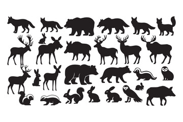 Fototapeta premium Collection of wild forest animal silhouettes including bears wolves deer and rabbits in black ink style