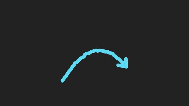 Blue hand drawn curved arrow drawing itself towards a target on a dark background, looping element for screen or add blend modes