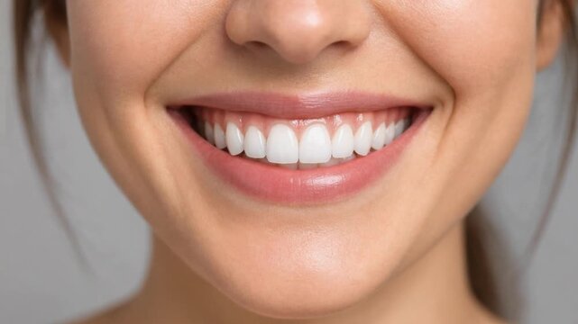Close up of a woman smiling with perfect white teeth showing healthy gums and natural skin