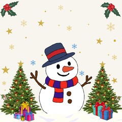 Cute snowman Christmas background with trees gift boxes and festive decorations
