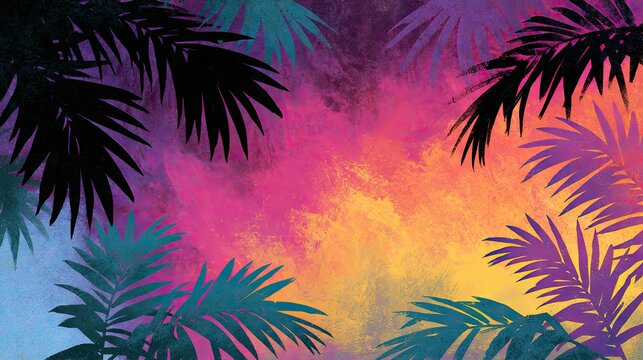 Tropical foliage borders a vibrant, abstract sunset with swirling colors