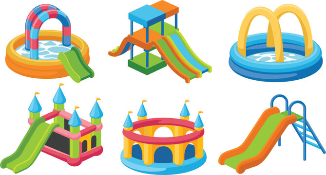 Inflatable bouncer and water slide vector element set featuring colorful bouncy castles, kiddie pools, playgrounds, and outdoor backyard summer amusement park attractions.