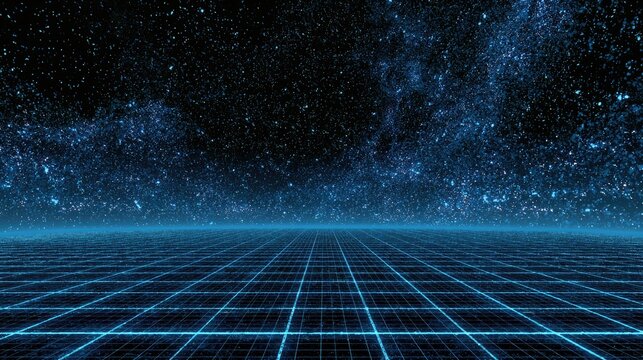 A futuristic blue grid stretches to a star-filled cosmos
