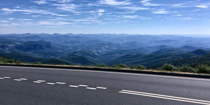 Paved road curves along a vast, hazy mountain landscape under a blue sky