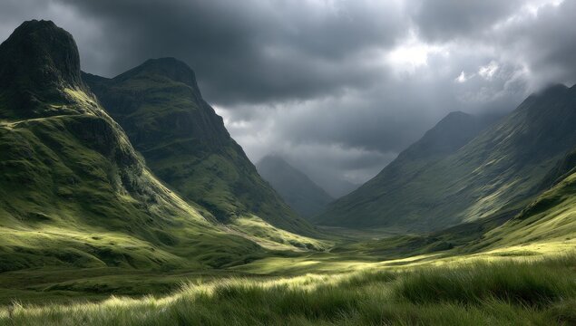 Verdant valley beneath dramatic, sun-drenched storm clouds