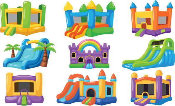 Inflatable bouncy castle vector illustration element set featuring multi colored commercial jump houses water slides and outdoor playground equipment icons for kids birthday party entertainment
