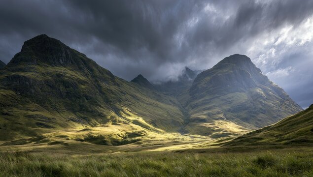 Dramatic light illuminates a valley between rugged, grass-covered mountains under a stormy sky