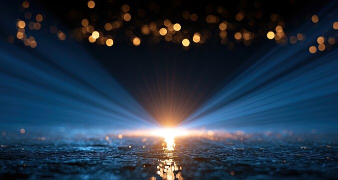 Radiant light beams emerge from a reflective surface, illuminating a dark, atmospheric space